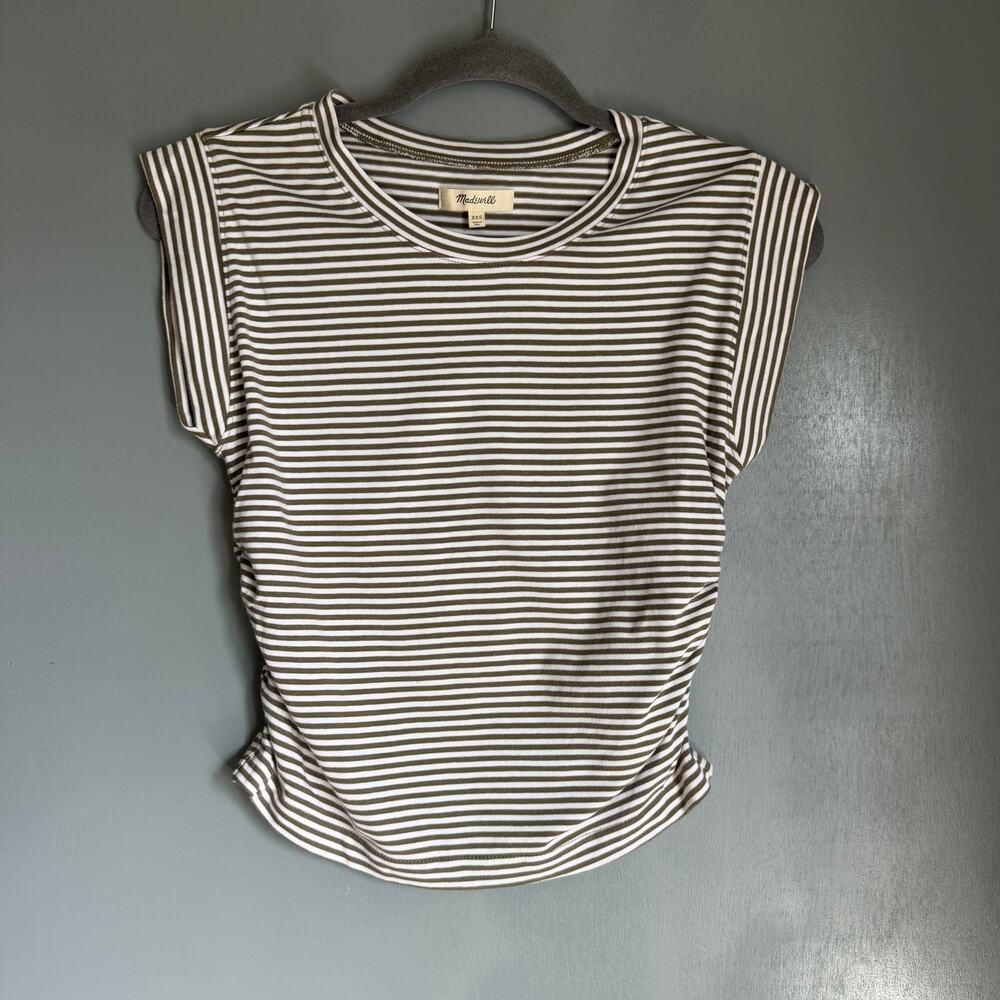 MADEWELL Women's XXS Ruched Side Brown White Striped Cotton Blend Tee Casual